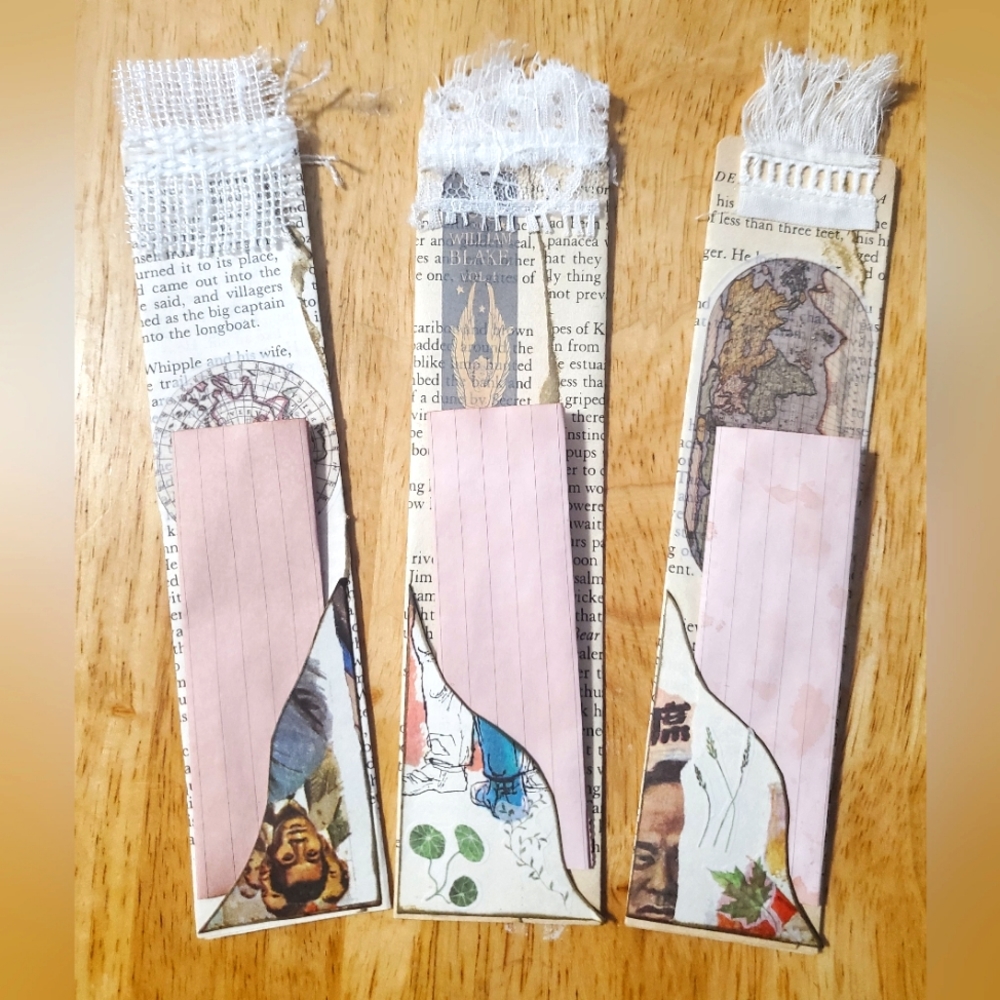 😀 HAND CRAFTED Set of 3 bookpage bookmarks & notepaper